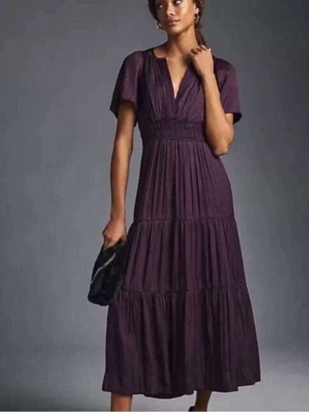 Anthropologie The Somerset Plum Maxi Dress Long Tiered Lumensilk Satin Size XXS